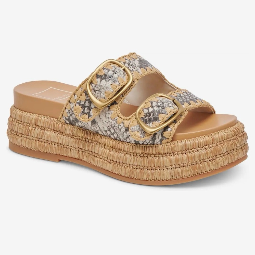 Dolce Vita Tan and Gray Snake-Print Platform Slide Sandals